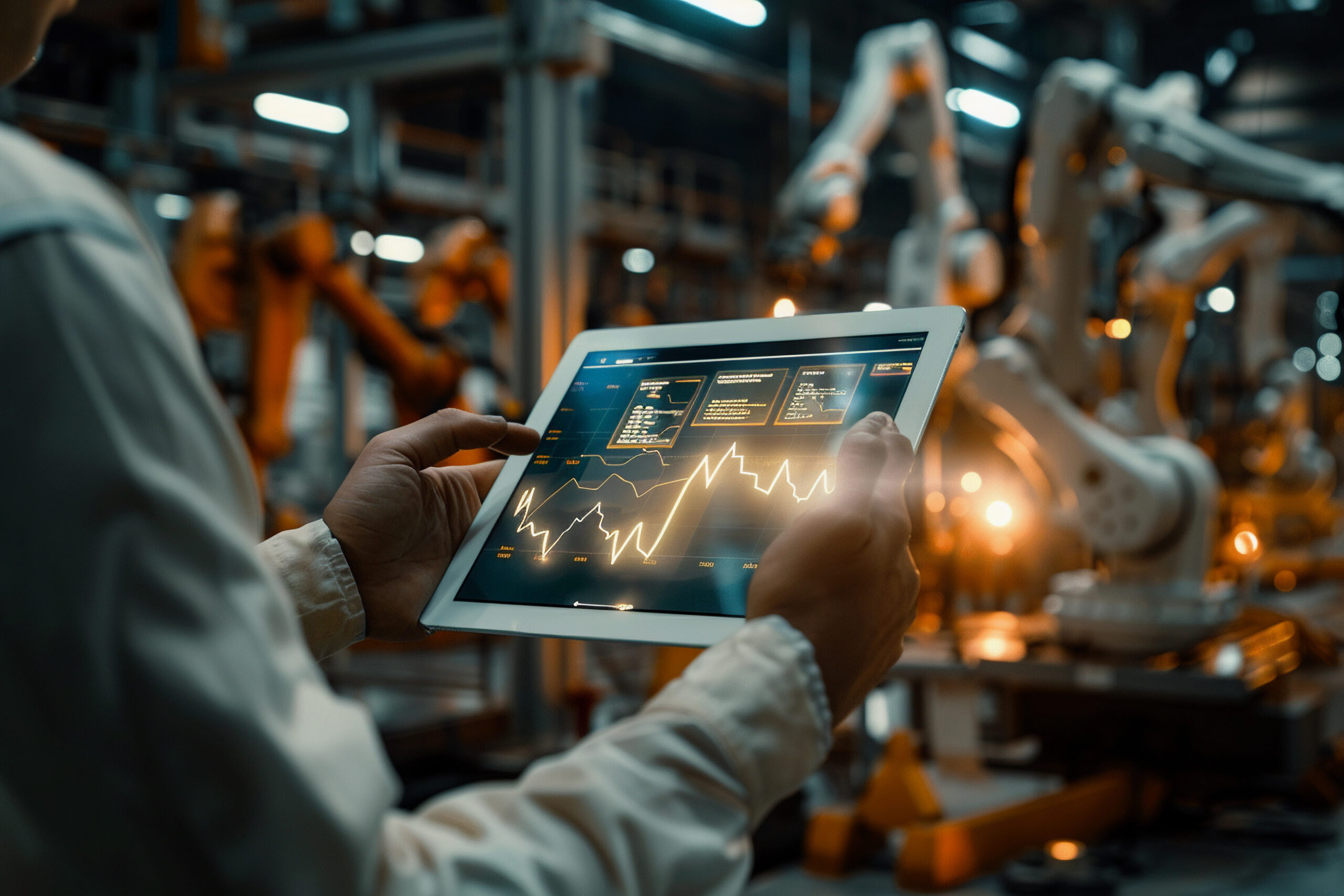 A person is holding a tablet in front of a arm robot doing cost reduction in manufacturing